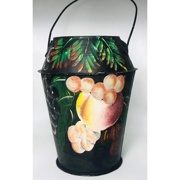 Vintage Tole Painted Bucket Handle Hand Painted Metalware Toleware 8" Black - Picture 5 of 10
